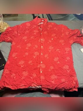 Pierre Cardin Red Palm-Print Short Sleeve Button-Down Shirt